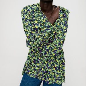 Zara Blouse Satin Effect Green Floral Print Long Sleeve Button Front Size Small